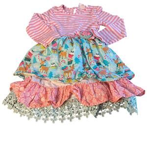 Counting Daisies pink striped tiered holiday reindeer mixed pattern dress SIZE 8